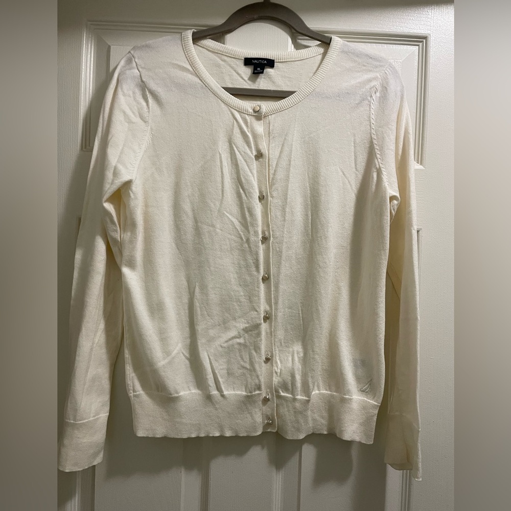 Nautica Cream Colored Lightweight Crewneck Cardigan Sweater Size XL EUC